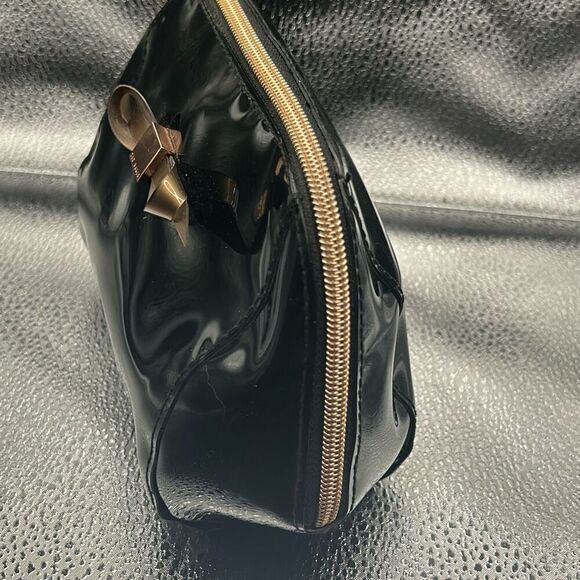 Ted Baker Bow Front Cosmetic Bag Black Patent Leather Rose Gold Hardware Travel - Picture 6 of 15